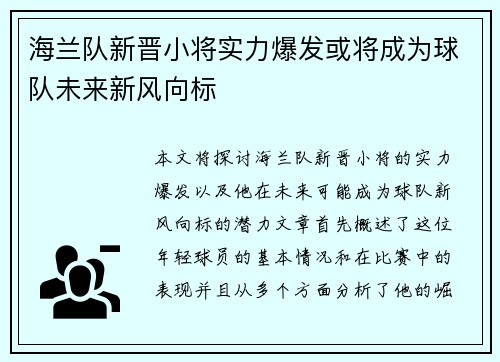 海兰队新晋小将实力爆发或将成为球队未来新风向标