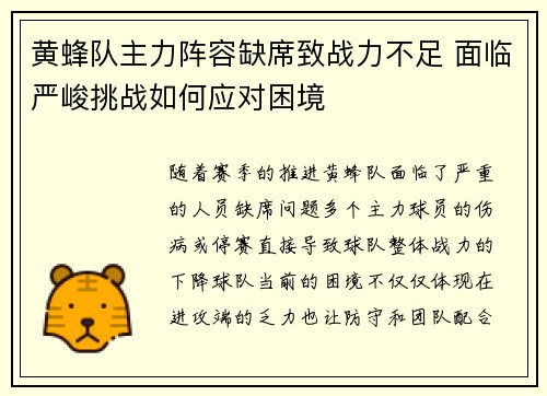 黄蜂队主力阵容缺席致战力不足 面临严峻挑战如何应对困境
