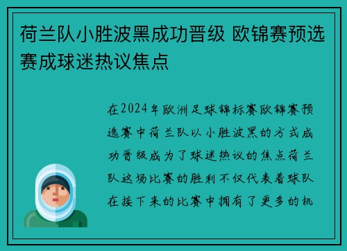 荷兰队小胜波黑成功晋级 欧锦赛预选赛成球迷热议焦点