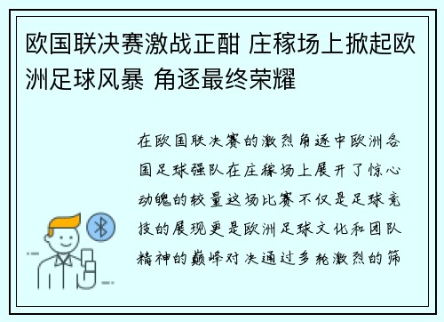 欧国联决赛激战正酣 庄稼场上掀起欧洲足球风暴 角逐最终荣耀
